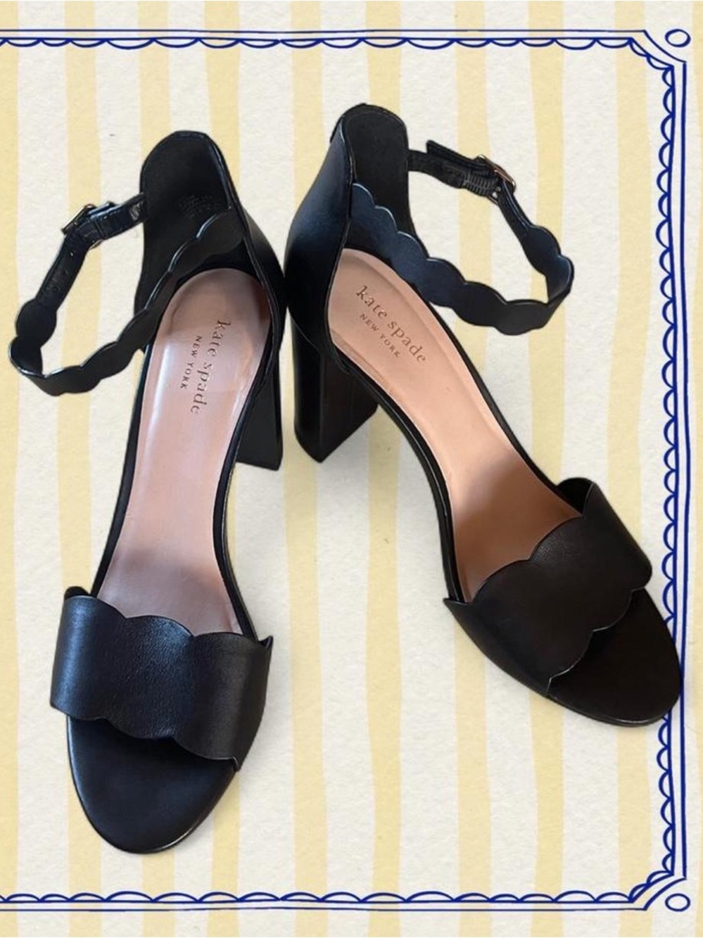 Kate Spade New York Black Leather Scallop Ankle-Strap Block Heel Sandals - Picture 2 of 6